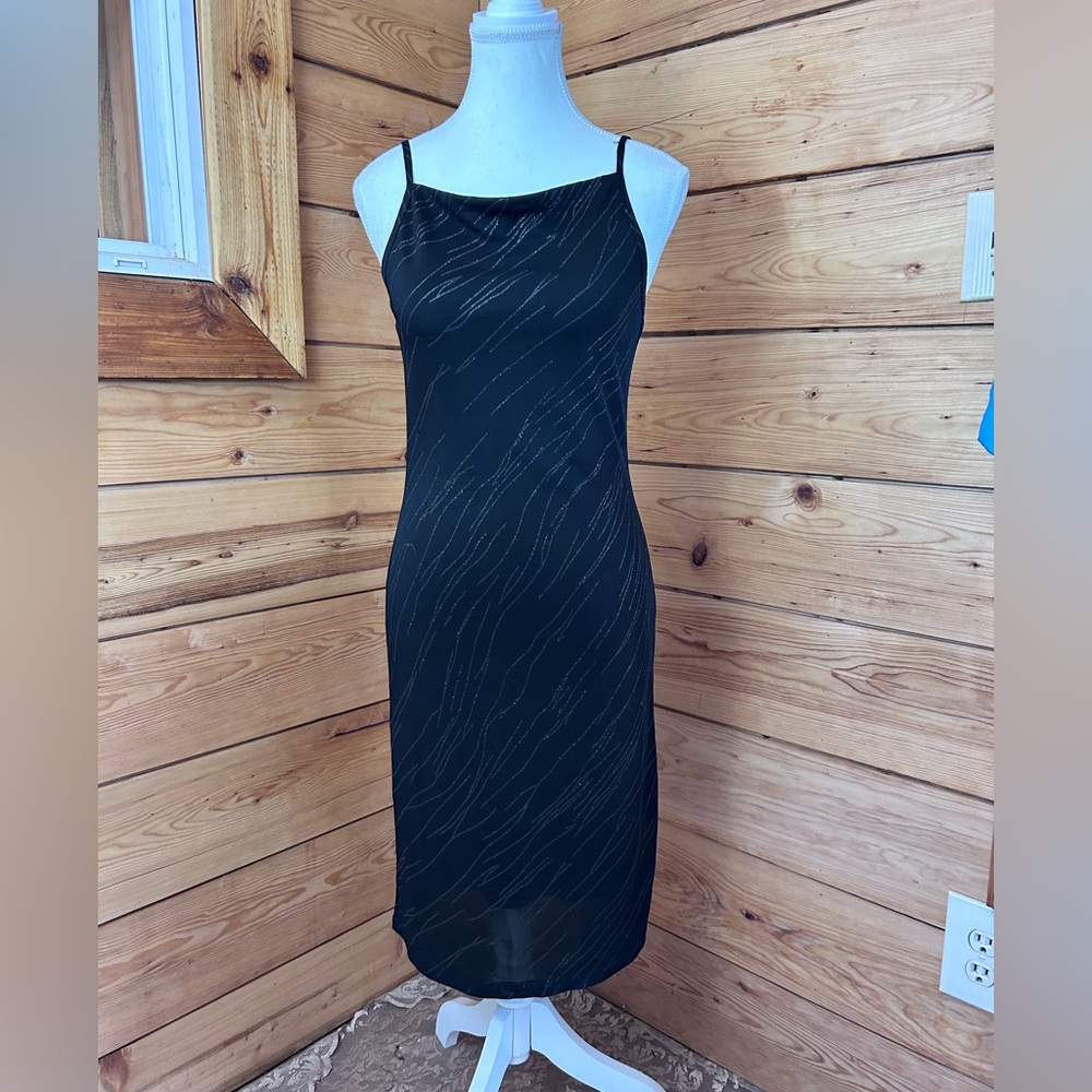 Vintage Black Shimmer Cowl Neck Spaghetti Strap Midi Dress Womens Size 6